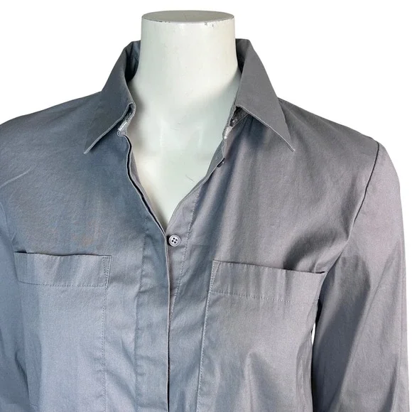 Lafayette 148 Button Up Shirt XS poplin cotton Gray Military Utility Workwear - Picture 3 of 10